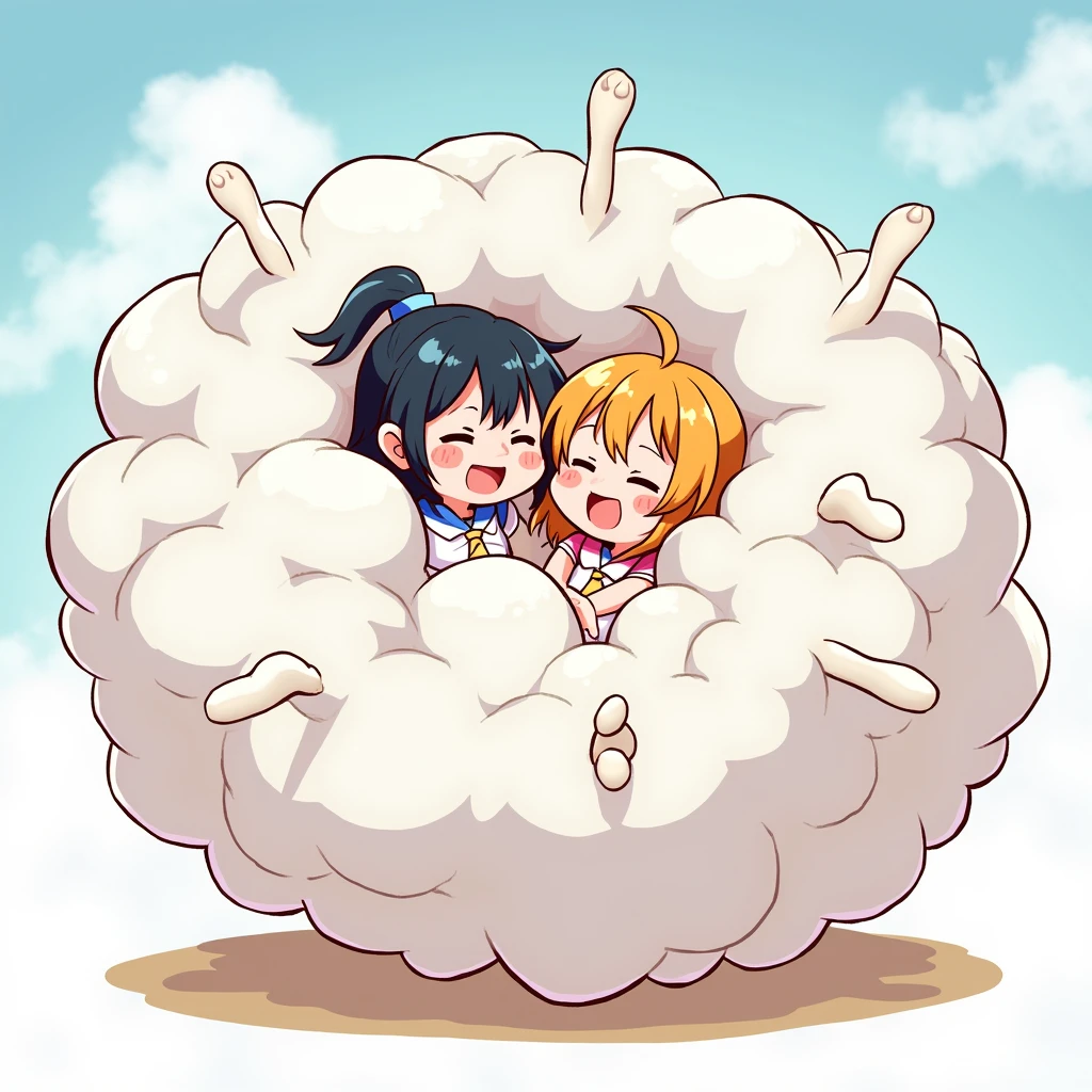 An anime-style illustration depicting many chaina-girls playfully wrestling with each other inside a gold comical fight cloud (flying_nimbus).
each chaina-girl has different colored hair.
their faces,hands,and feet are visible emerging from the cloud as they tussle humorously, with the rest of their bodies completely hidden inside the cloud.
the illustration emphasizes the humorous and energetic nature of their scuffle,with a fluffy and exaggerated fight cloud.