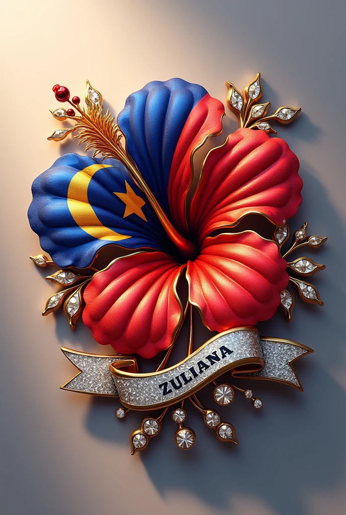 Brooch hibiscus with malaysia flag as the pattern and ZULIANA inside ribbon under it with glowing diamonds scattered around