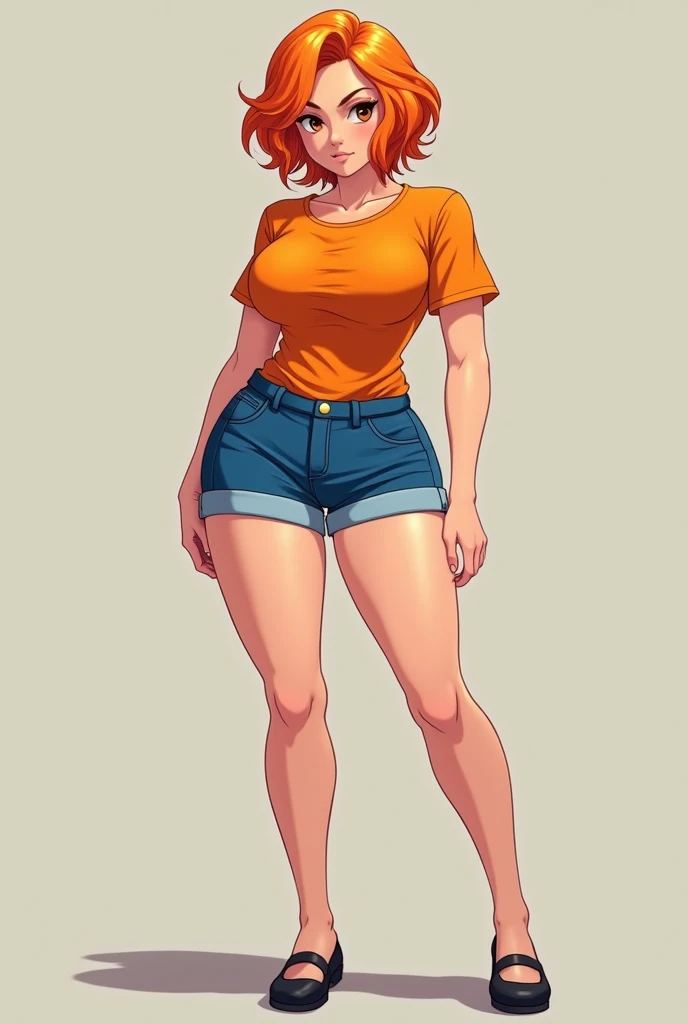 an anime girl standing, anime girl, cell shaded adult animation, shorts, orange hair, solo, short hair, smile, full body, 4k hd, legs visible, tall, blue shorts and an orange shirt, brown eyes, 1girl, in black Flats, 4k hd, big breasts, big muscle girl, a beautiful voluptuous woman with a curvy body,
