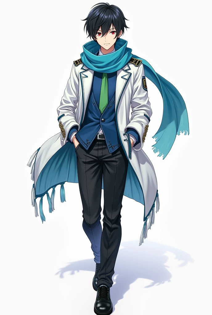 Male, Anime, 18-year old, Short black hair, Fair skin, Red eyes, Blue scarf, White jacket, Blue undershirt, Green necktie, Black trousers, Black shoes
