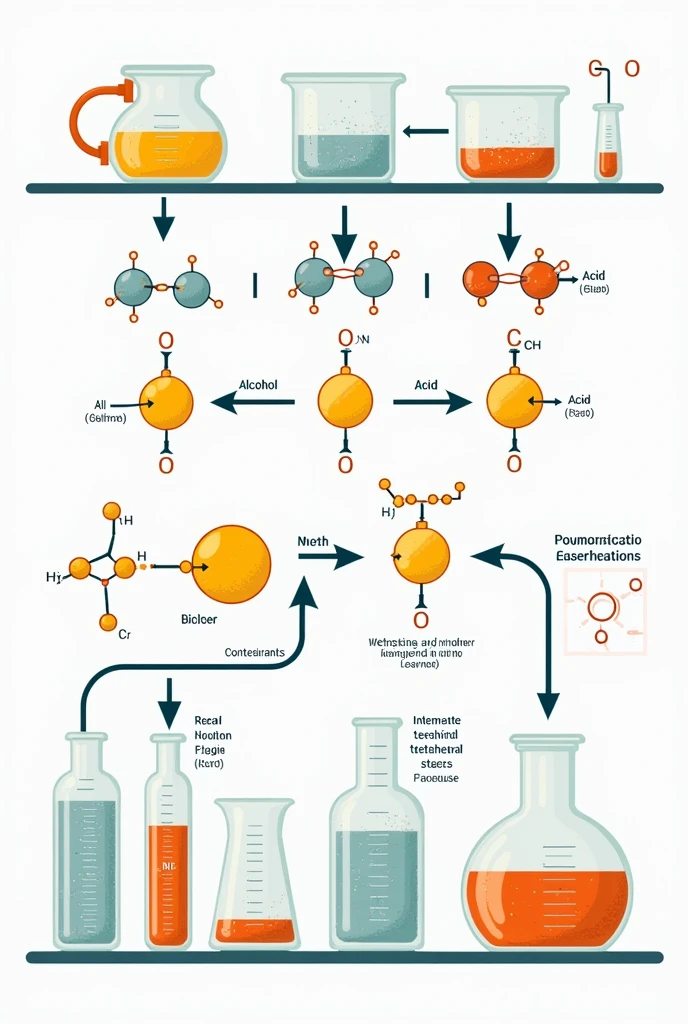 Procedure of an esterification reaction in a labelled colour diagram labelling must be in British English.