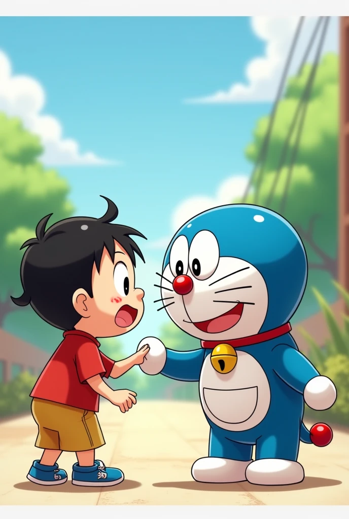 I want doramon and shinchan ( red shirt and yellow trousers) 
looking at each other 
