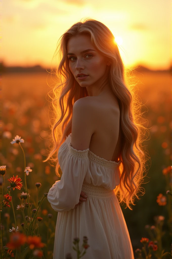 A strikingly beautiful woman standing in a field at sunset, with the golden hour light casting a warm glow on her face and hair. The image captures the magic of the moment, with her looking serene and almost ethereal, creating a captivating and intimate atmosphere."