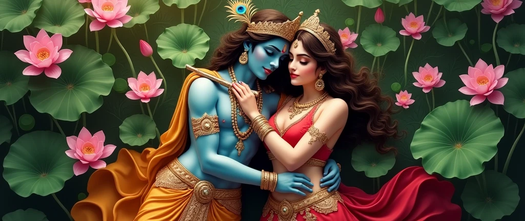 A serene view of Lord Krishna in traditional dress, light blue skin, royal crown with few peacock feathers in the crown, wearing a vibrant white lily flower garland. Krishna is hugging radha from behind. Krishna's hands holding Radha's sexy waist hips. Radha's front fully body is visible.  Radha has a sexy fair skin face, brown eyes, red lips, long wavy brown hair. Radha is wearing a luxurious crown with beautiful design. Radha is wearing bright red bluse and lehenga. Radha is completely exposing her waist with navel piercing. Radha is exposing her full body. Radha has beautiful body features. Radha is holding a flute. Both radha and lord krishna are in the palace standing next pink lotus flowers and lush green garden. Radha and krishna are very happy. The backdrop features a palace, casting a tranquil glow Depth to the image, creating a hot, sexy and realistic atmosphere. The image is viewed from a top view only. Make sure everything is perfect.