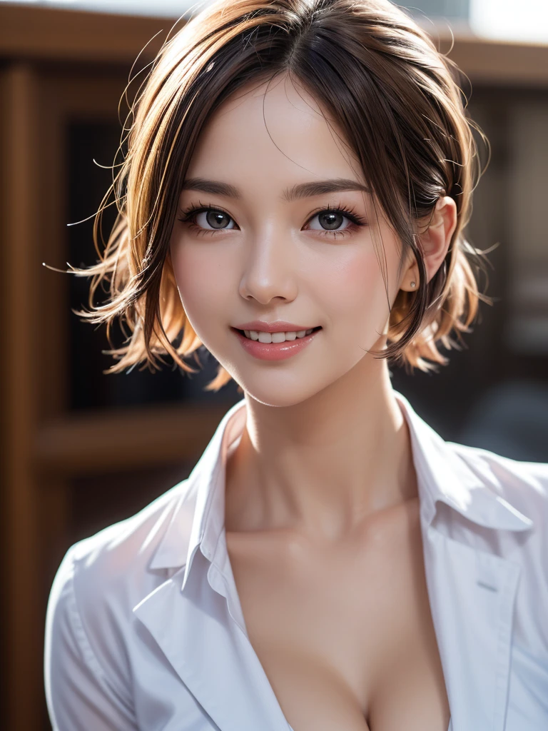Tabletop, Highest quality, Realistic, Very detailed, finely, High resolution, 8k wallpaper, One beautiful woman,, Light brown short hair, Wear a business suit, Sharp focus, Perfect dynamic composition, Beautiful and detailed, Thin Hair, Detailed Realistic skin texture, smile, Close-up portrait, Model body type,Cleavage