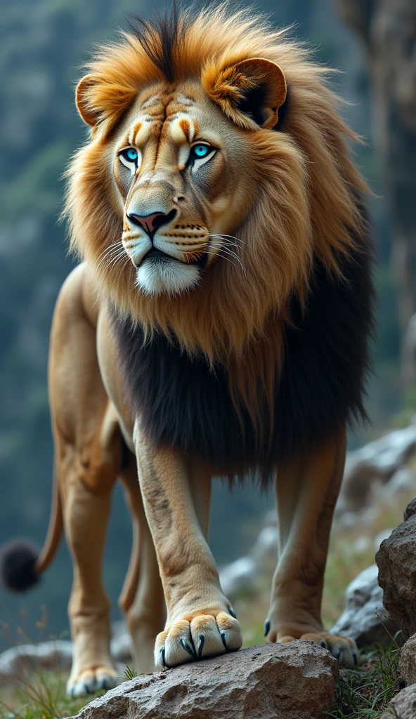 Create an ultra realistic 8k image of a big strong and beautiful blue eyed Lion with scars 

