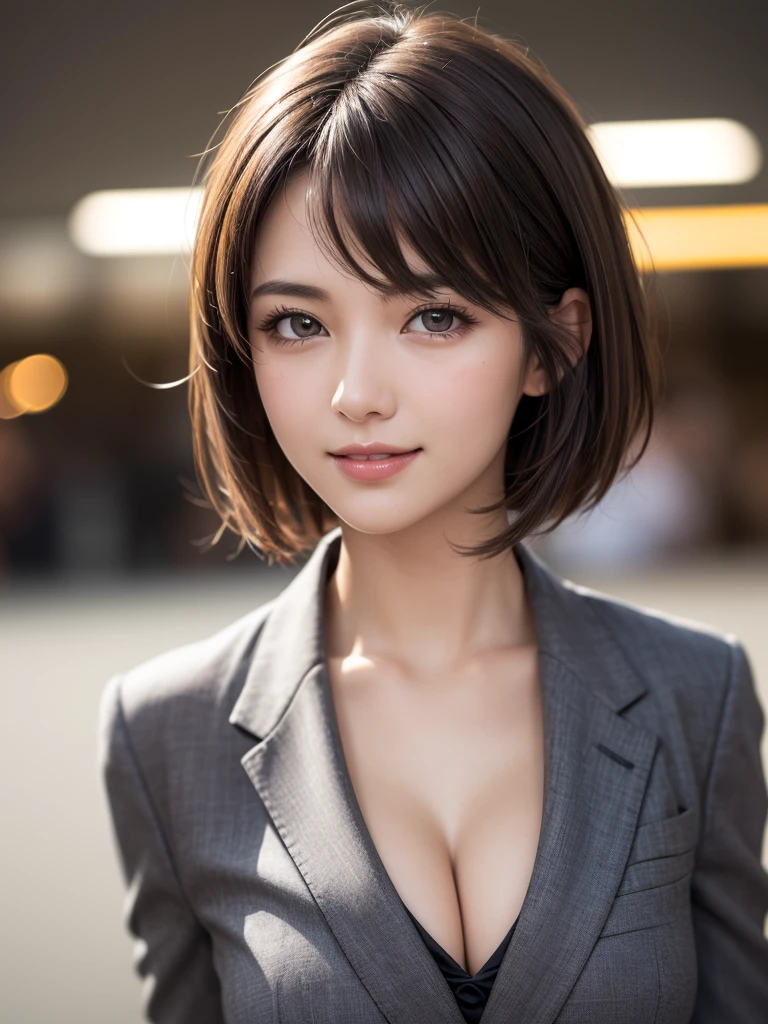 Tabletop, Highest quality, Realistic, Very detailed, finely, High resolution, 8k wallpaper, One beautiful woman,, Light brown short hair, Wear a business suit, Sharp focus, Perfect dynamic composition, Beautiful and detailed, Thin Hair, Detailed Realistic skin texture, smile, Close-up portrait, Model body type,Cleavage