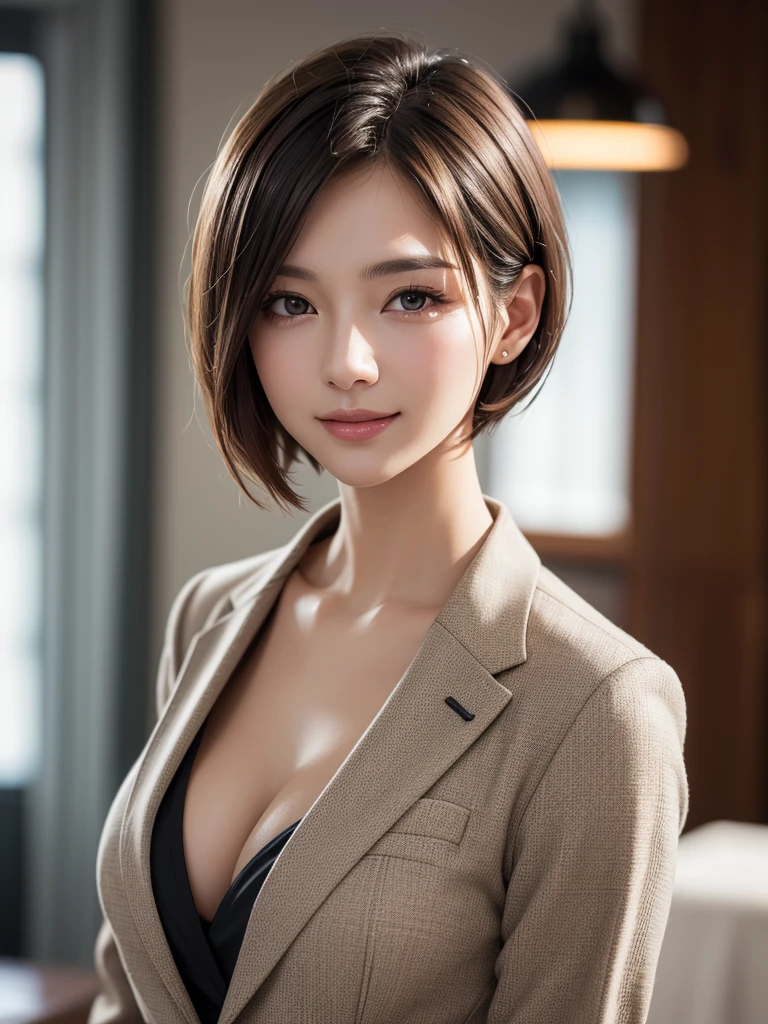 Tabletop, Highest quality, Realistic, Very detailed, finely, High resolution, 8k wallpaper, One beautiful woman,, Light brown short hair, Wear a business suit, Sharp focus, Perfect dynamic composition, Beautiful and detailed, Thin Hair, Detailed Realistic skin texture, smile, Close-up portrait, Model body type,Cleavage