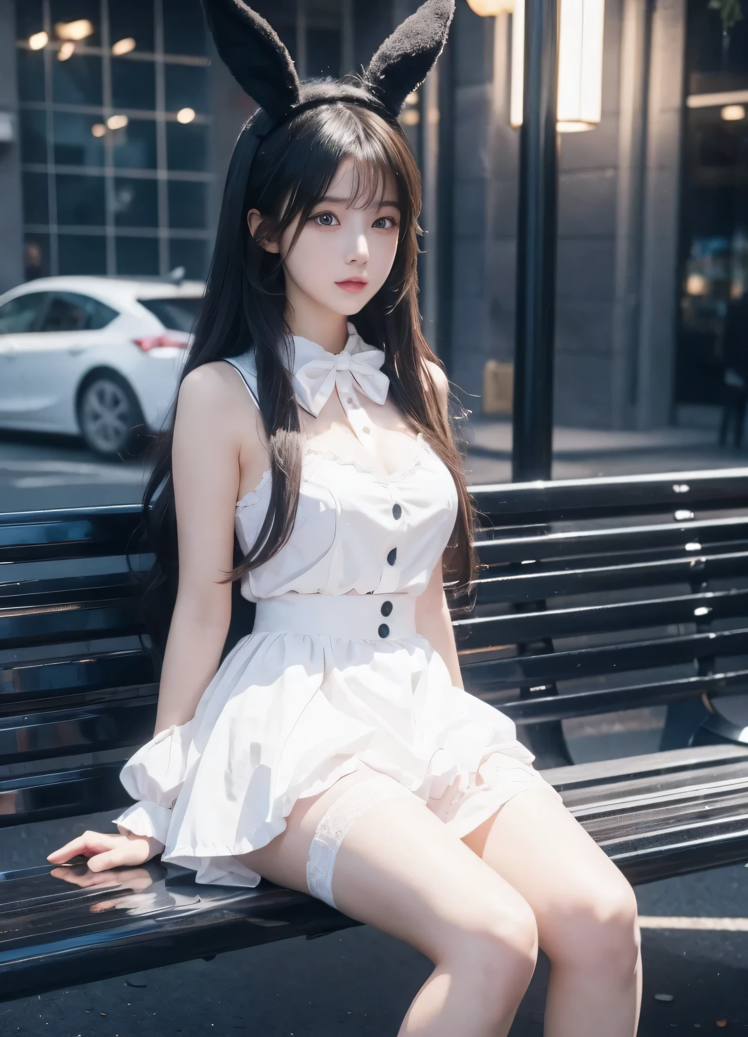 Anime girl in a bunny costume sitting on a bench,The background is a city, Best Anime 4K Konachan Wallpapers, Fine details. Girls Frontline, Lolish, from Girls Frontline, From the Azur Lane video game, Night Core, Azur route style, Cute anime girl in a beautiful skirt, Perfect white-haired girl, Attractive anime girl, Smooth anime CG art