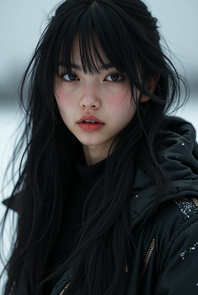 beautiful young punk girl with incredible long dark black hair, wearing winter clothes, sneakers, midriff, portrait, ultra-realistic, extremely detailed, photo-realistic, award-winning, luminous skin, dramatic lighting, dramatic pose, dynamic composition, intricate details, vivid colors, cinematic lighting, volumetric lighting, HDR, 8K, best quality
