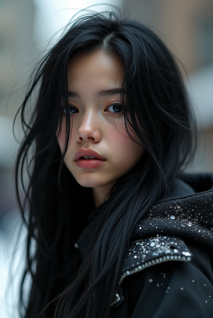 beautiful young punk girl with incredible long dark black hair, wearing winter clothes, sneakers, midriff, portrait, ultra-realistic, extremely detailed, photo-realistic, award-winning, luminous skin, dramatic lighting, dramatic pose, dynamic composition, intricate details, vivid colors, cinematic lighting, volumetric lighting, HDR, 8K, best quality