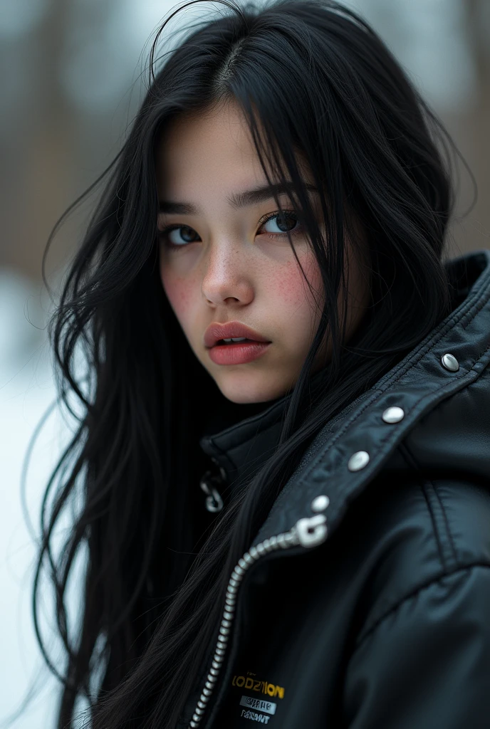 beautiful young punk girl with incredible long dark black hair, wearing winter clothes, sneakers, midriff, portrait, ultra-realistic, extremely detailed, photo-realistic, award-winning, luminous skin, dramatic lighting, dramatic pose, dynamic composition, intricate details, vivid colors, cinematic lighting, volumetric lighting, HDR, 8K, best quality
