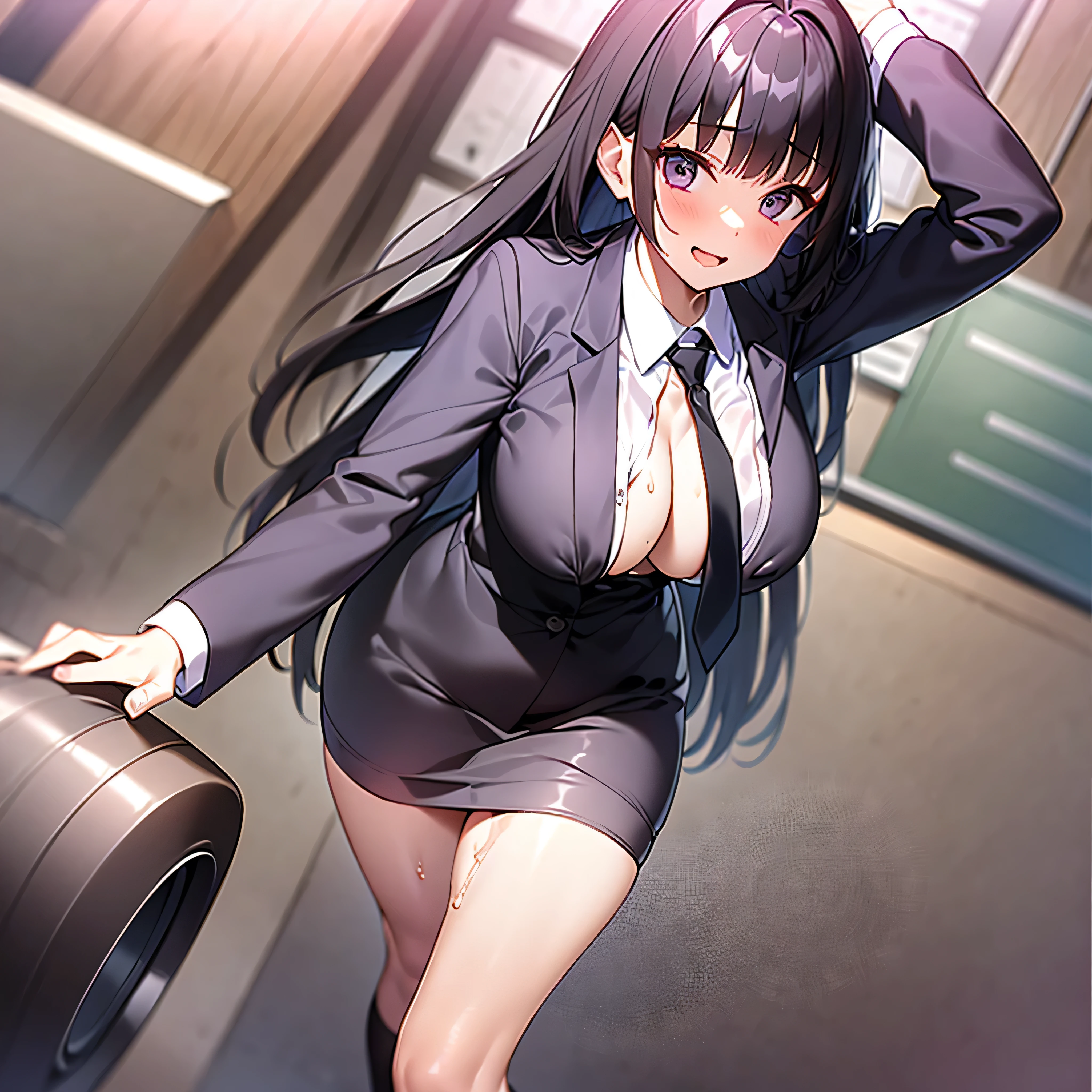 (solo), (1 skinny girl walking:1.2), standing, tight-fit black blazer, tight-fit black pencil skirt, necktie, closing chest by white blouse under black blazer, BREAK, (long skinny legs), bursting huge breasts, BREAK, (forced smile:1.2), (dripping tires:1.2), (disappeared), open mouth, orgasm, nsfw, (pussy juice dripping down legs), hand grabbing own breast