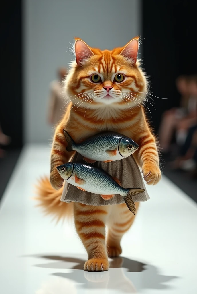 (photorealism:1.2), a cute ginger cat wearing sardin fish dress walking on the runway