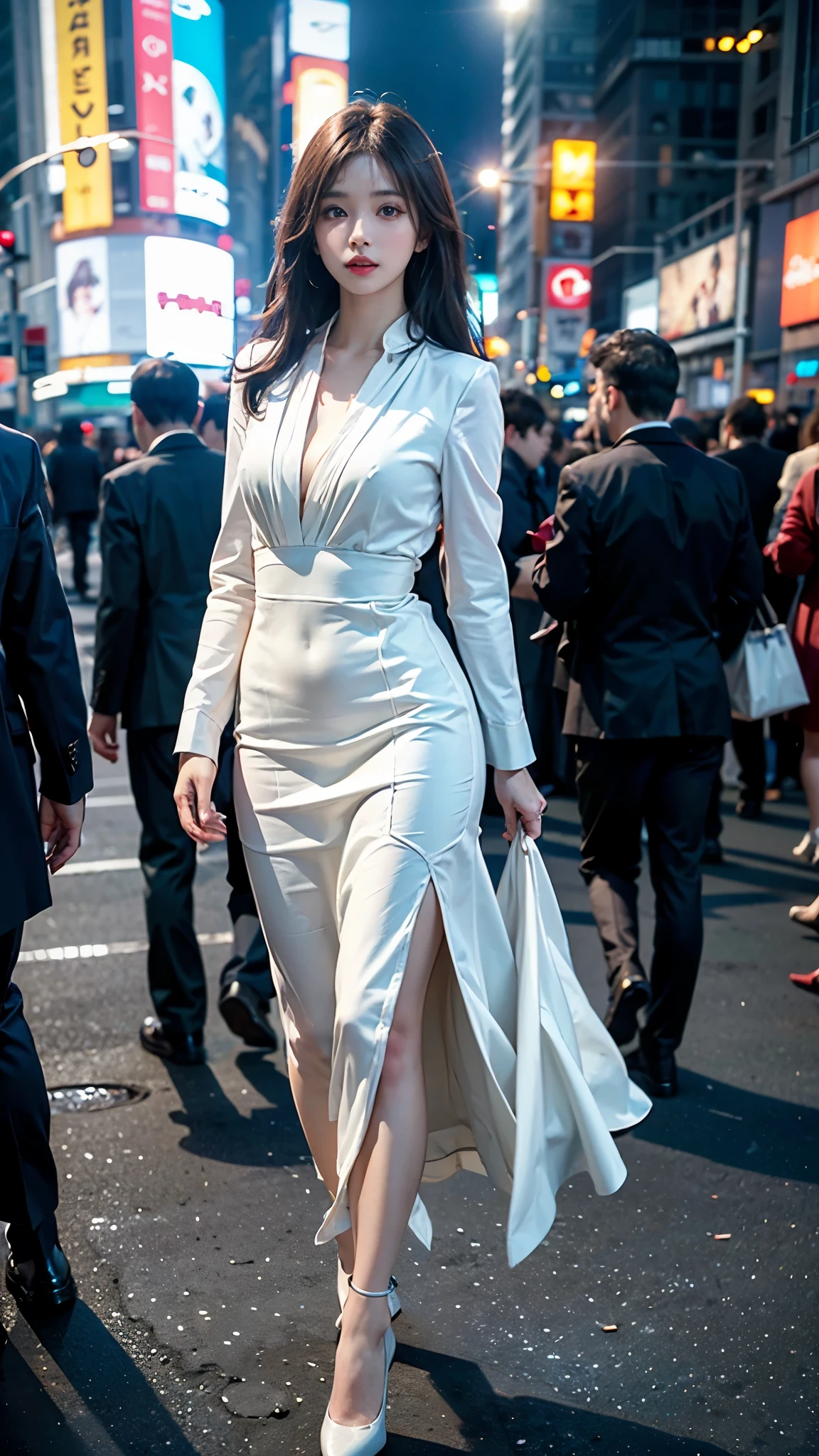bloom, (Lens flare), (8k, born, Professional, Highest quality, masterpiece:1.2), (Realistic,photoRealistic:1.37), Very detailed, (24mm portrait wide angle), (Most detailed skin:1.2), (The most detailed face:1.2), Cinema Lighting, One person, (the wind is strong), walking time square, Wearing a Saint Laurent suite, at night, (Luxury brand advertising), Paparazzi, Flashlight, (Rear Curtain Sync), Warm White Light, Looking at the camera, (Full Body Shot)