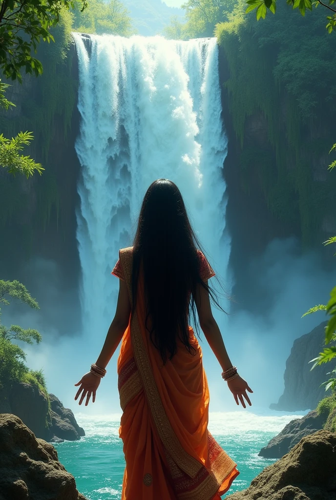 Indian girl in a waterfall back profile with hands open
