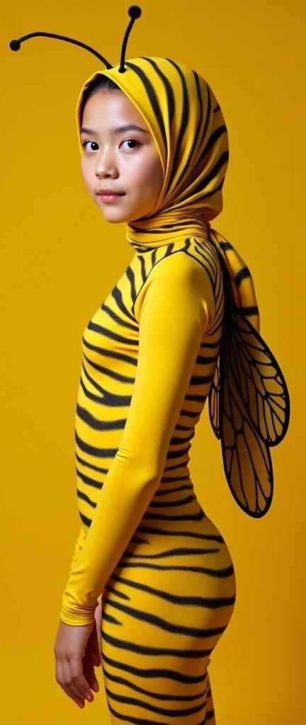 The beautiful Malaysian muslimah adult girl with beautiful cheeks wears yellow Bee lycra turtleneck unitard catsuit covered with black stripes.She has a pair of insect wings.She always wear yellow bee lycra elastane stretchy dancewear square hijab covered with black stripes with antenna.