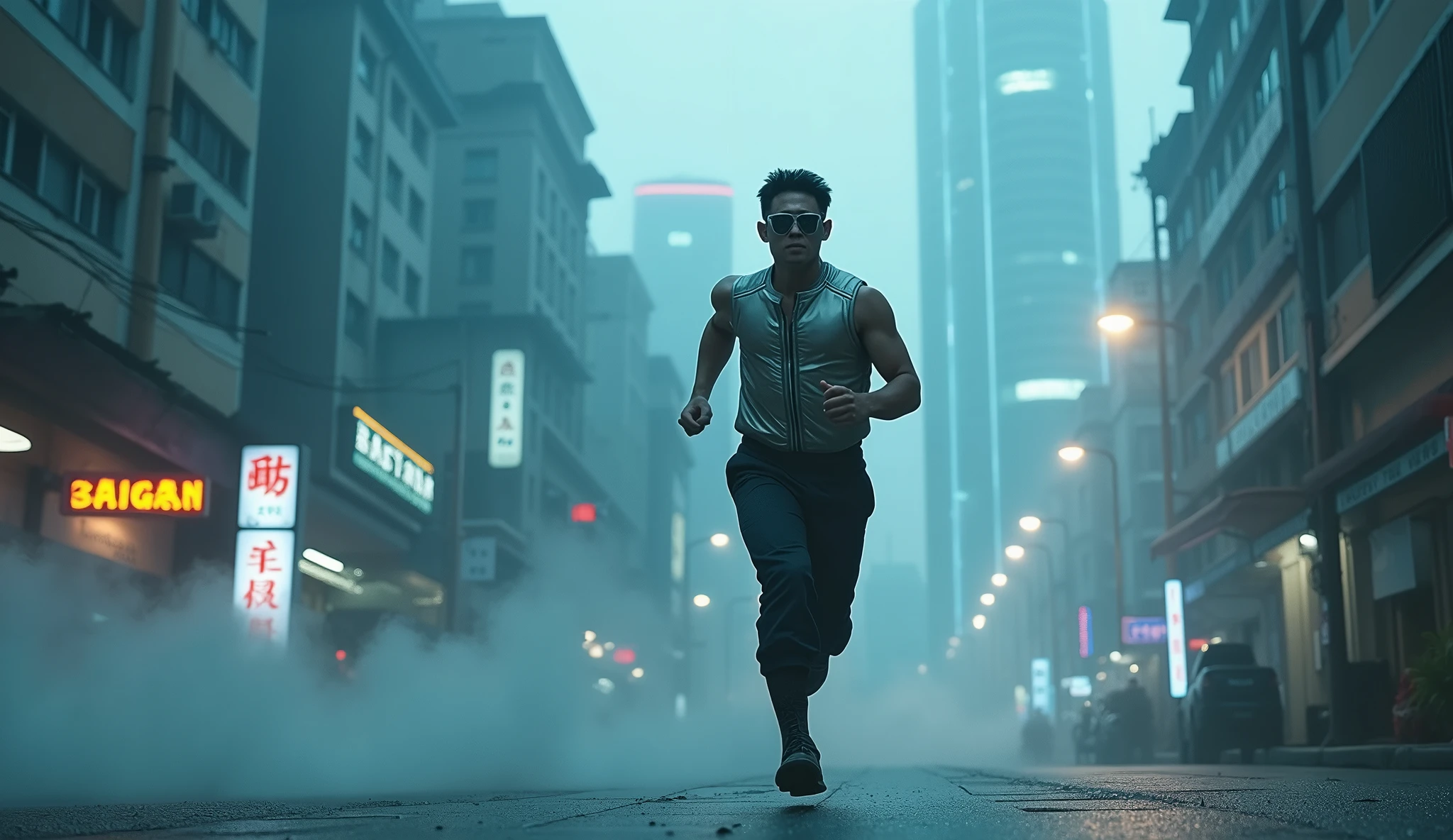 side shot camera, dutch angle, Close camera to the boot of Asia male running on the street of cyberpunk Saigon city, wearing a silver tech vest, wearing glass. Gray city, deserted streets, skyscrapers with sparkling blue LED lights. Lighting: Gray tones with dim neon lights. Effects: Smoke and blue light running along the buildings. Special: Stifling and quiet atmosphere, city not activated.