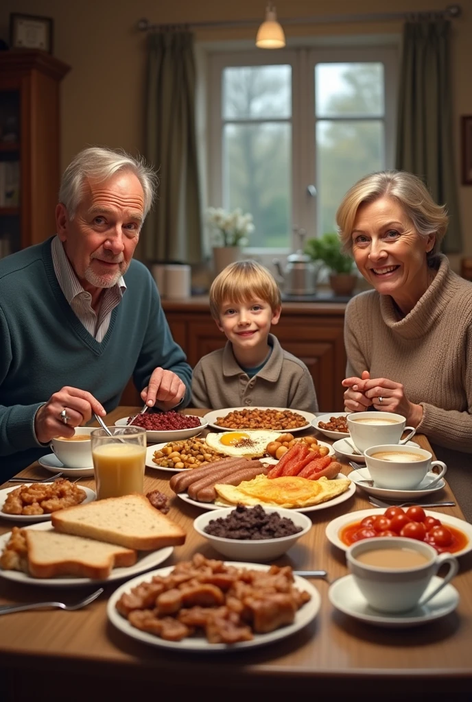 A man woman and a  are sitting at a table. The table is spread with bacon, saúsagés, scrambled eggs, black pudding, baked beans, tomatoes, mushrooms, fried bread, toast, with coffee and tea. They are enjoying.