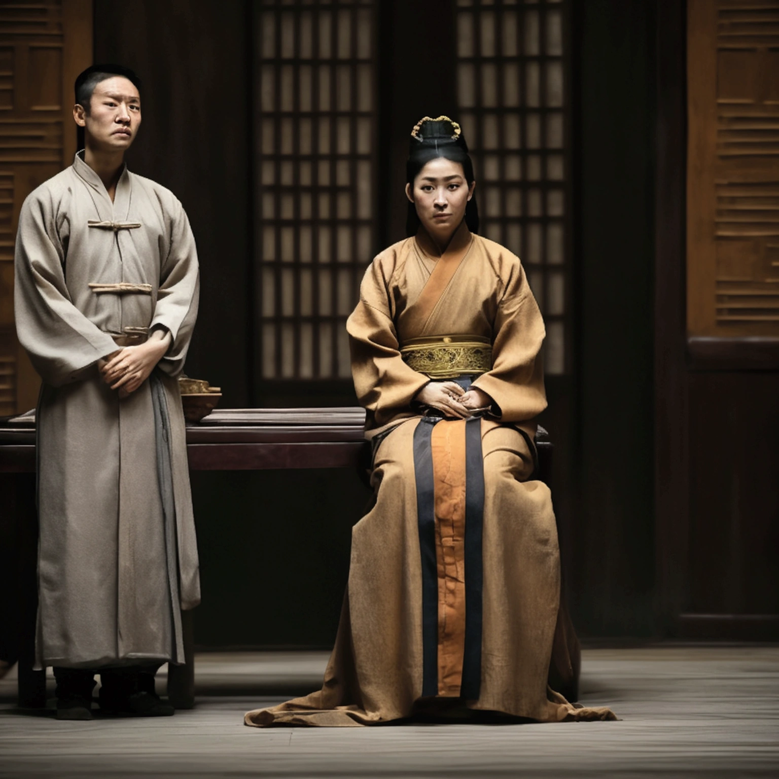 A beautiful young woman with a fierce expression and no smile, wearing a dark brown official&#39;s dress in the full regalia of the Han Fu Dynasty, stands in front of a table. An old man wearing a Chinese nobleman&#39;s dress from the Jin Dynasty sits in front of a throne. A young man with disheveled hair and a white shirt in a worn out prison uniform kneels in front of him. The atmosphere of the interrogation room of the Kaifeng Court in ancient China from the Jin Dynasty, when viewed from a distance, stands in full view, as realistic as if acting in a movie scene, seeing the entire room from a distance.