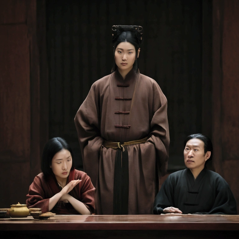 A beautiful young woman with a fierce expression and no smile, wearing a dark brown official's dress in the full regalia of the Han Fu Dynasty, stands in front of a table. An old man wearing a Chinese nobleman's dress from the Jin Dynasty sits in front of a throne. A young man with disheveled hair and a white shirt in a worn out prison uniform kneels in front of him. The atmosphere of the interrogation room of the Kaifeng Court in ancient China from the Jin Dynasty, when viewed from a distance, stands in full view, as realistic as if acting in a movie scene, seeing the entire room from a distance.