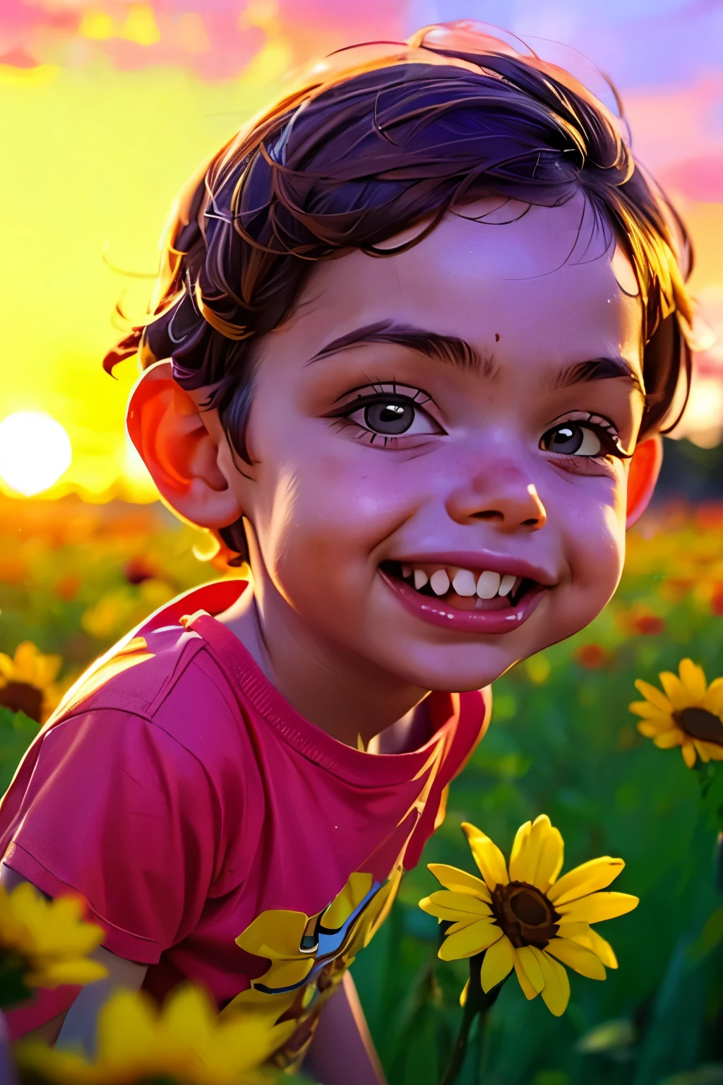 (((close-up face))). A joyful boy with short brown hair, 6yo, wearing a colorful t-shirt and shorts, running in a field of flowers during sunset, smiling happily, surrounded by blooming flowers, the golden light of the setting sun illuminating his face, capturing the essence of childhood and freedom, natural light, 35mm photograph, film, professional, 4k, highly detailed, Golden hour lighting. Depth of field F2. Rule of Thirds Composition. 