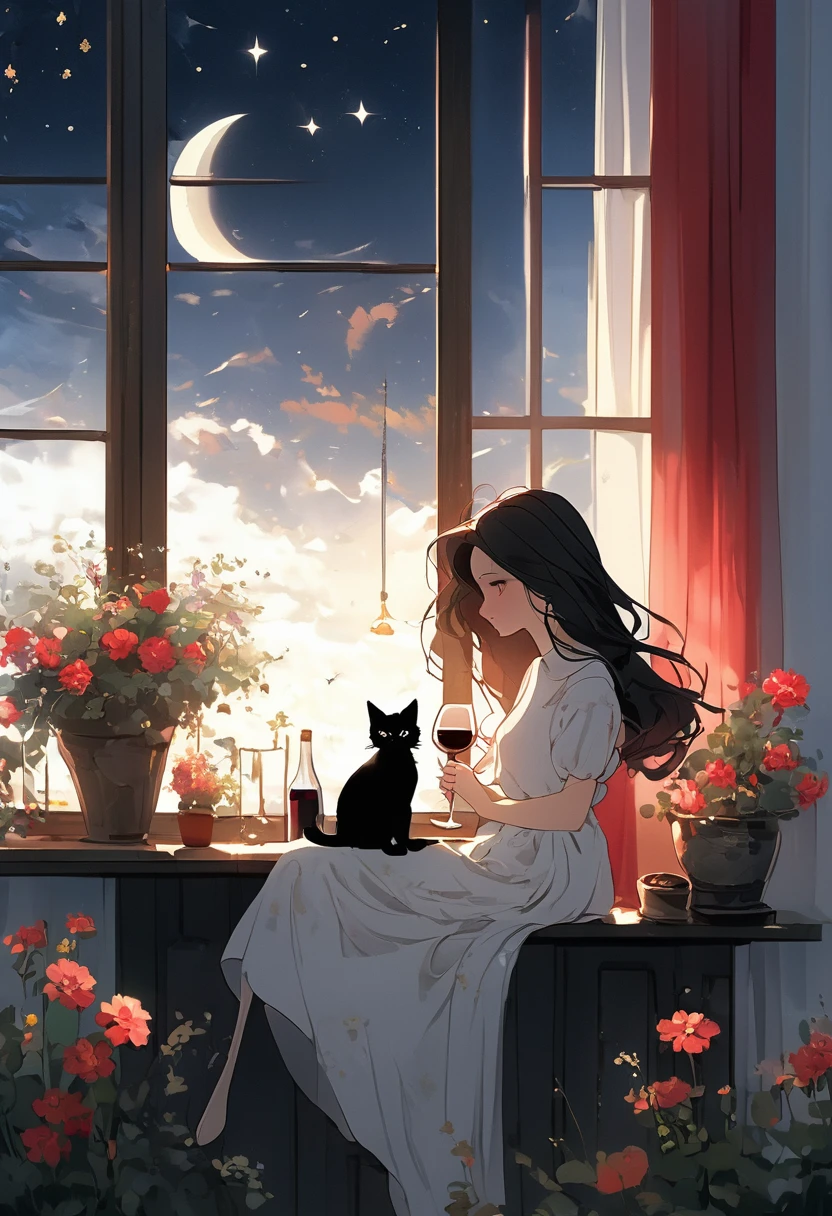 beautiful woman, (((full body))), ((background outdoor house)), (best quality), 1girl, solo A room with glass windows, curtains, a young woman with long black hair, red hair , White eyes with red pupils stare at sky, sitting on a chair, She is sitting and drink wild in front of the house., There are flowers, flower pots, a table, a wine glass, a wine bottle, a lamp, a black cat, Outside the window, there is a dark sky and stars.