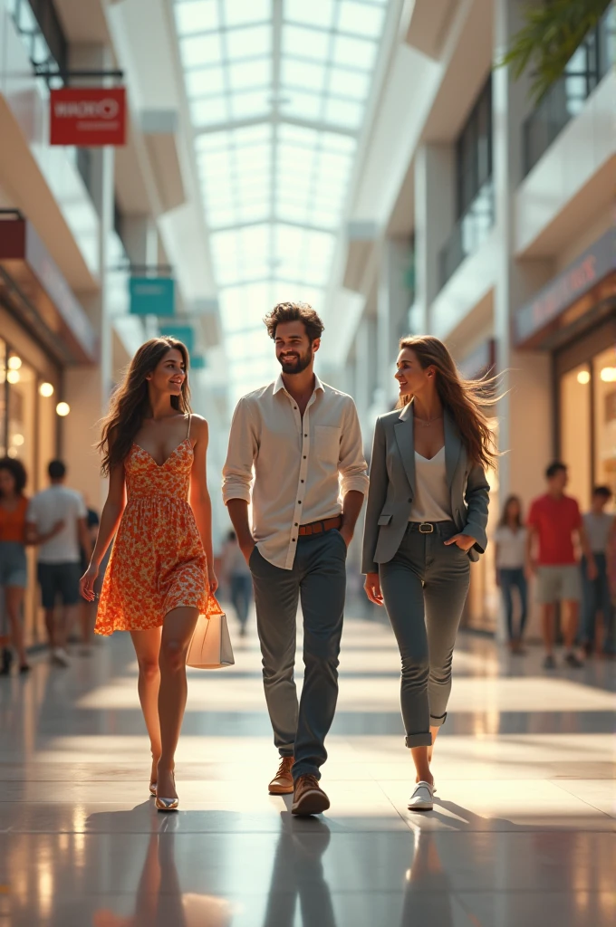 one man and two women walking in the mall
