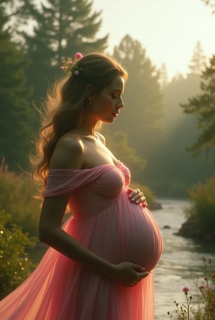 Second dimension beauty pregnant woman wallpaper, fully dressed in pink dress, outside in nature