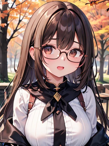 1 female、Brown haired(like)、Brown eyes、Black-rimmed glasses、Highest quality、Ultra-detailed、8k resolution、RAW Photos、Tabletop、Fascinating、Gorgeous face、Perfect body、Laughter、Autumn walks,Large Breasts