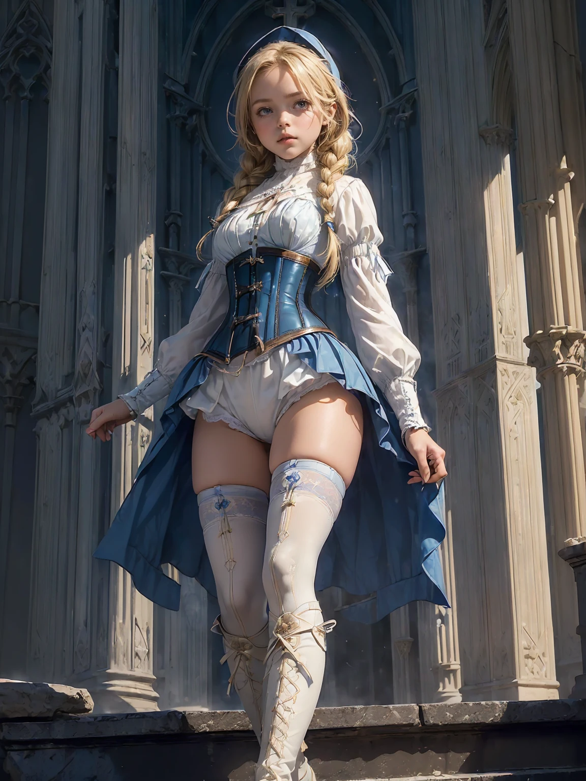 (((fantasy, cathedral:1.4))), (((midnight:1.4))), masterpiece, best quality, ultra-detailed, high resolution, extremely detailed cg, 8k, beautiful detailed eyes, depth of field, perfect anatomy, super detailed skin, cinematic lighting, dynamic lighting, anime picture, shiny hair and skin, detailed outfit, 【break】, ((cowboy shot, looking down , standing, zettai ryouiki, stylish poes:1.3)), (((a 1girl is , child, little young girl age8, soro:1.6))), ((afterglow)), (((blonde hair, Braided hair:1.3))), (beautiful detailed blue eyes), white-skinned, (((child short stature, child body shape, young face, cute face, small breasts, slim:1.4))), , wizard, ((Pure white silk, white blouse:1.3)), ((blue mini skirtt, blue corset, blue mantle:1.4)), ((White knee-high stockings:1.2)), ((white short boots)), ((pure white panties)),