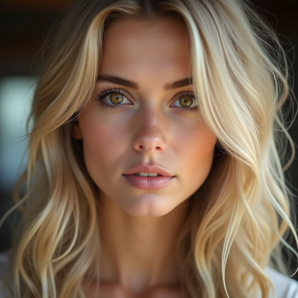 Realistic photo of a beautiful blonde with brown eyes