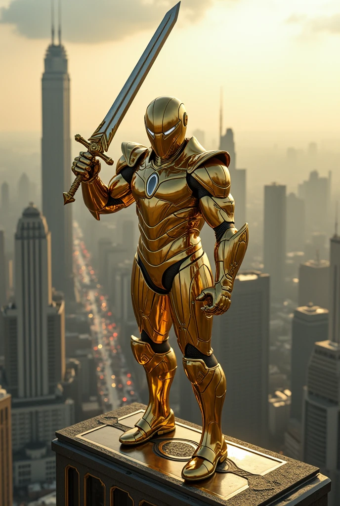 One superhero with gold Armor suit.Standing on the high building.bring a sword.real photos..Super realistik.