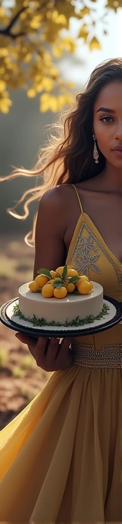 She is in lemon dress with caring a lemon cake withh Beyonce 
