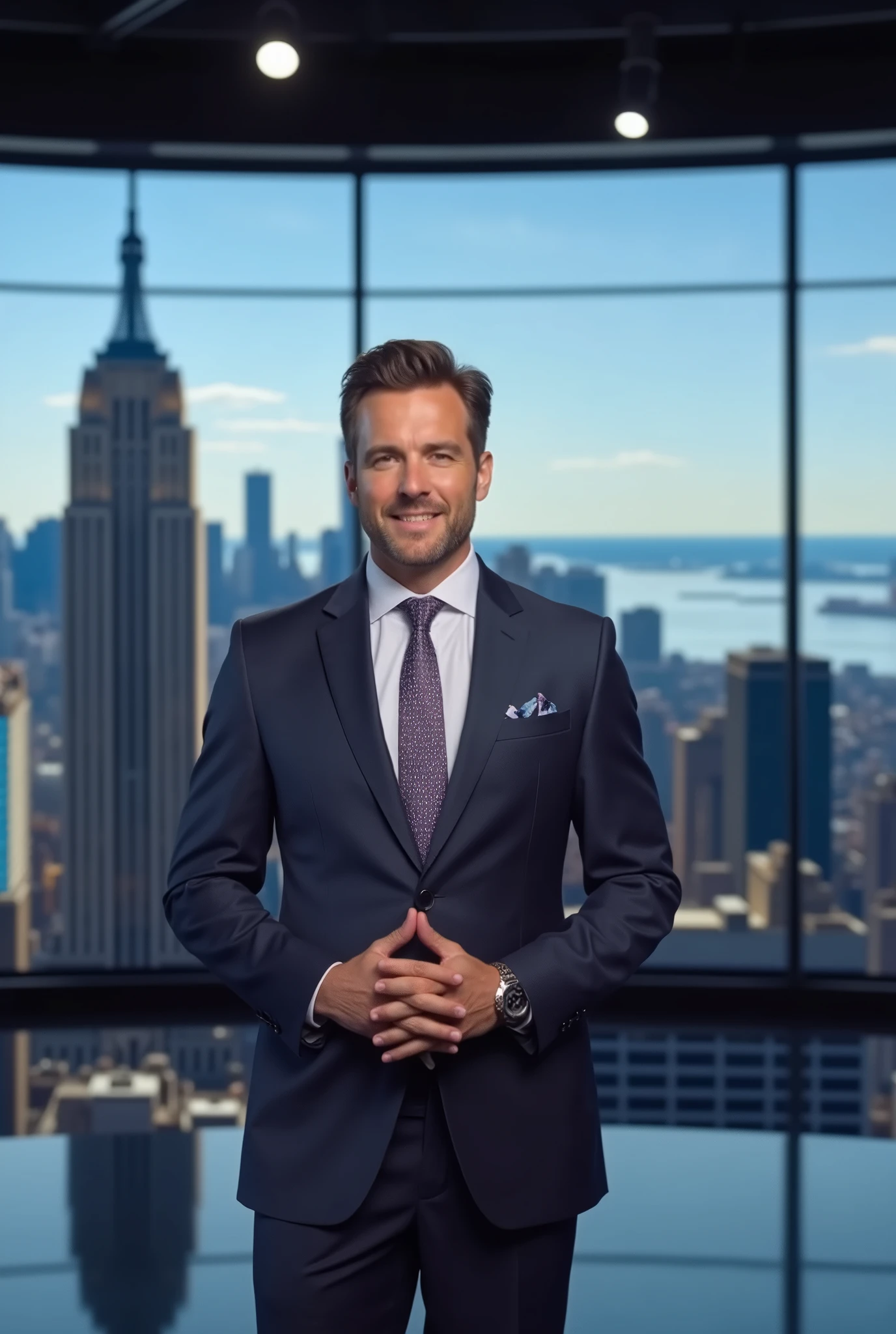一位英俊的USA男新闻播报员在工作室里对USA帝国大厦背景播报新闻。, Manhattan,USA