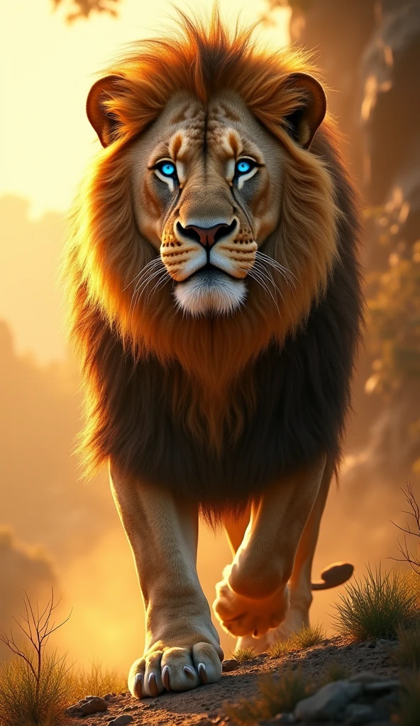 Create an ultra realistic 8k image of a big strong and beautiful blue eyed Lion with scars in the sun