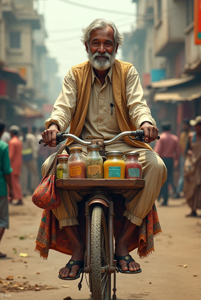 Indian man selling medicine in cycle