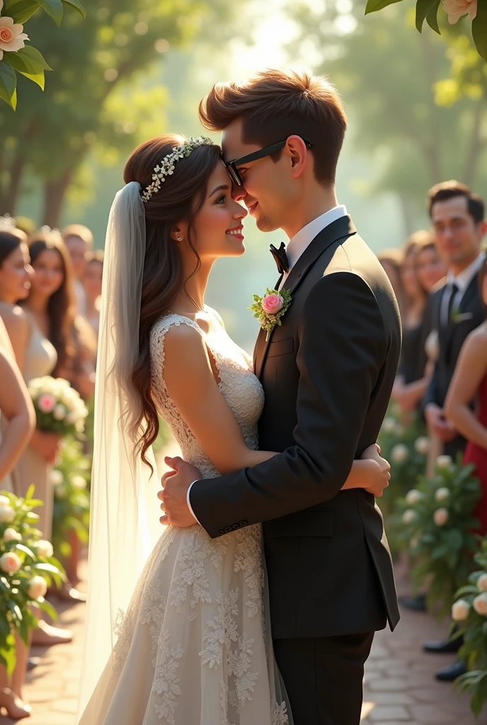 beautiful wedding between a brunette woman and a white brunette man, wearing glasses and with a very big butt and no beard
