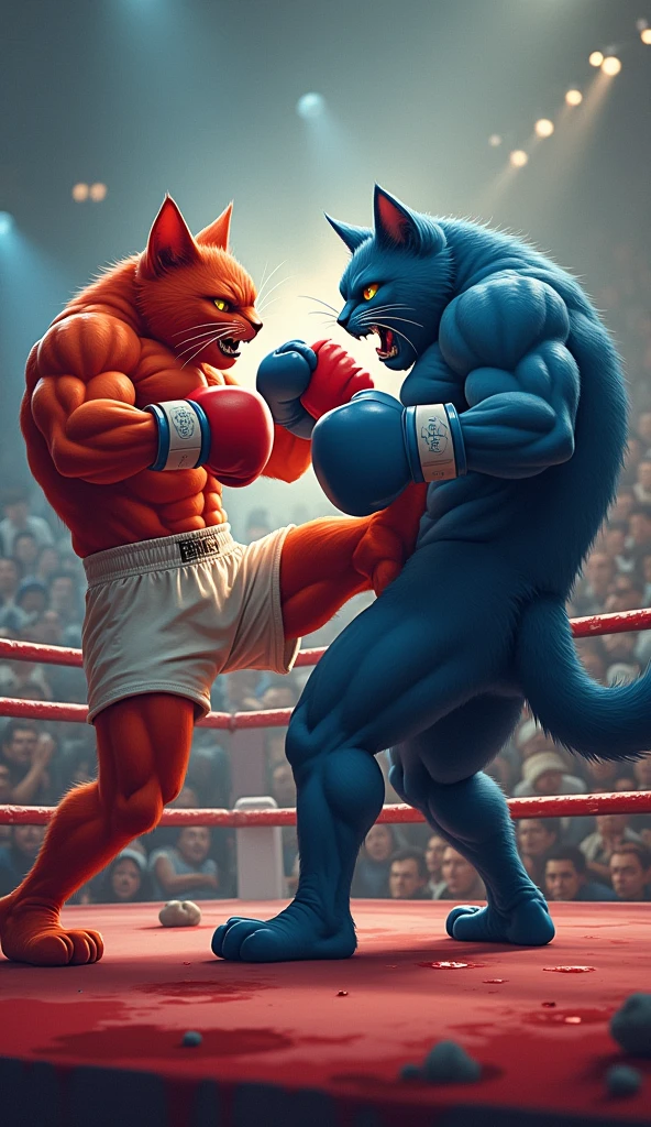 create realistic images A dramatic scene features two anthropomorphic cats in a boxing ring. The muscular red cat, wearing white shorts and boxing gloves, is receiving a powerful kick to the stomach from a larger blue-furred cat, who is also wearing black shorts. Bright bursts of energy and blood erupt from the point of impact, highlighting the intensity of the moment. In the background, a captivated audience watches with various expressions of shock and excitement.