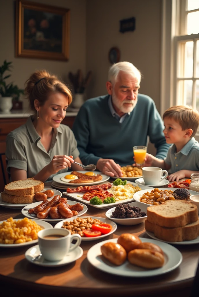 A man woman and a are sitting at a table. The table is spread with bacon, saúsagés, scrambled eggs, black pudding, baked beans, tomatoes, mushrooms, fried bread, toast, with coffee and tea. They are enjoying.