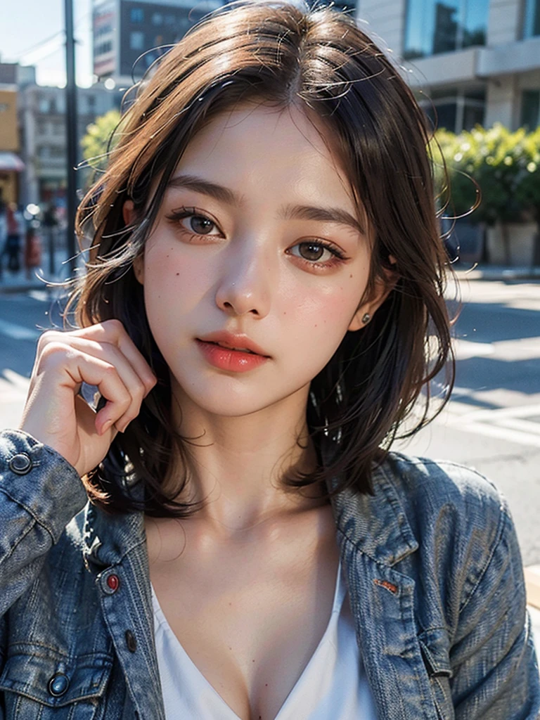 Top Quality, Ultra High Resolution, (8k, RAW Photos, Photorealistic: 1.4), White Skin, Real Human Skin, (Detailed), Oval Face, Pore, One Girl, Slim, (Gentle and Goddess-like Beholder), (Happiness: 1.2), (Lip Gloss, Eyelashes, Gloss Face, Top Quality, Wide Lighting, Natural Shading), Oversized Jacket, fashion shirt, cityscape, detailed fingers