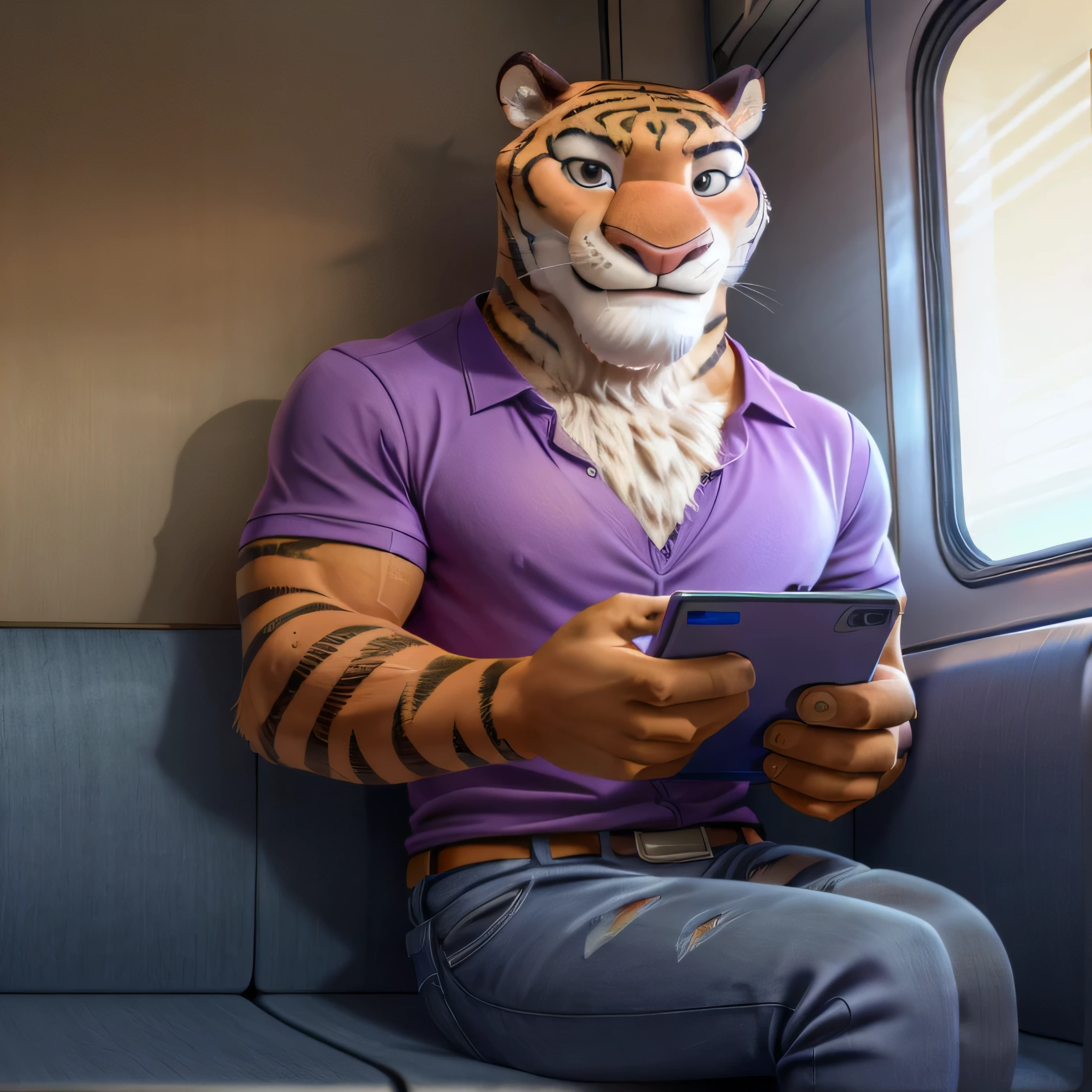 Zootopia cartoon, furry tiger, tall, slender, handsome, extremely beautiful and cute face, muscular body, gentle look, wears purple shirt, jeans, bare feet, sitting in train, sexy, hot, watching videos on tablet, cute smile