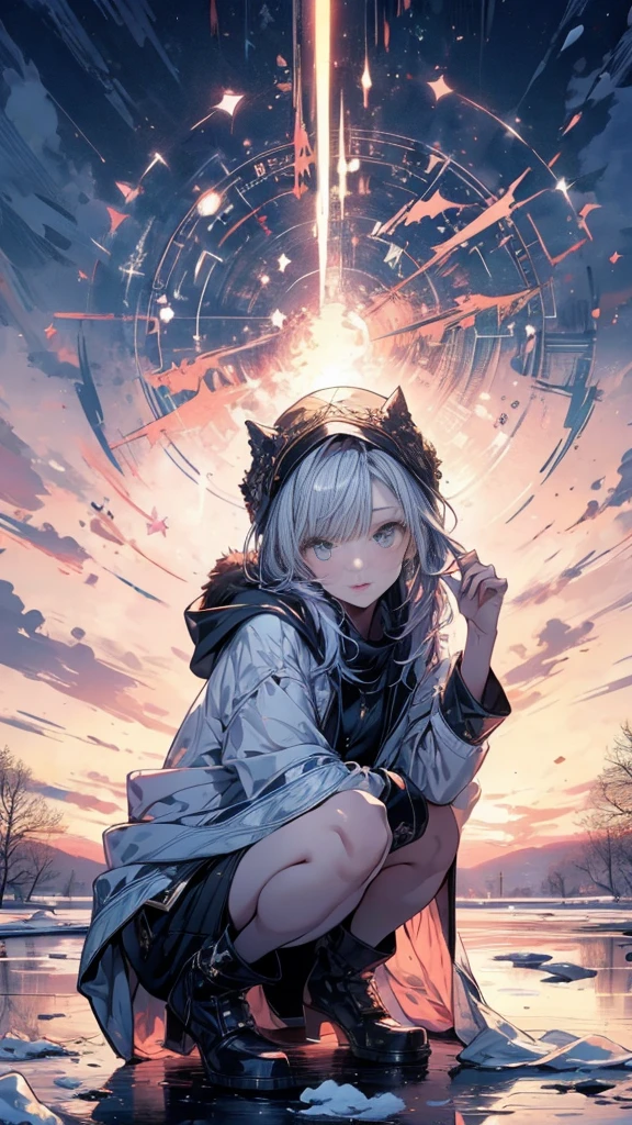 (masterpiece,top quality,high resolution,ultra detailed,ultra high definition,precise,high detail,very detailed,illustration,HD,8K 1.5),Elegant female mage in winter attire,The mage's robe is modest and detailed,(crouching by a beautiful frozen lake with a detailed magic circle),detailed eyes and face,purple shiny hair,winter fantasy atmosphere natural lighting,sunset,(gentle color palette of white,blue,yellow,pink),very detailed background of the frozen lake,shadows,wide angle,high angle view,