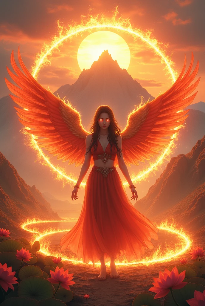 (masterpiece, Best quality: 1.2), a girl with Phoenix wings standing in a ring of fire, with glowing red eyes, Phoenix, lotus flowers, red gold pink, sunrise with mountain in the background
