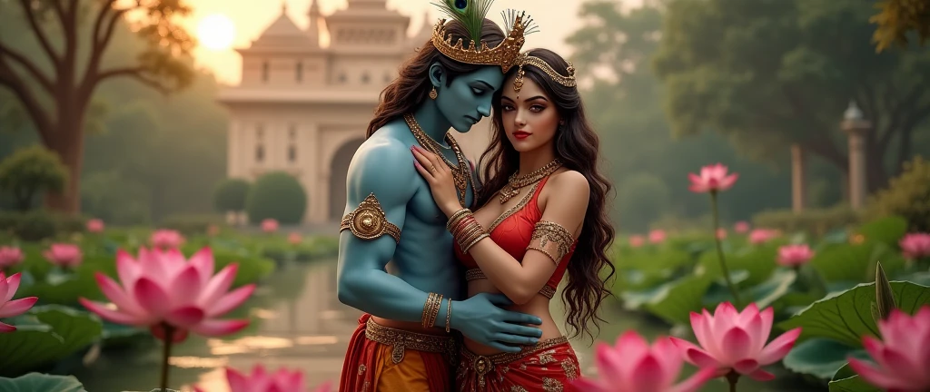A serene view of Lord Krishna in traditional dress, light blue skin, royal crown with few peacock feathers in the crown, wearing a vibrant white lily flower garland. Krishna is hugging radha from behind. Krishna's hands holding Radha's sexy hips. Radha's front fully body is visible. Radha has a sexy fair skin face, brown eyes, red lips, long wavy brown hair. Radha is wearing a luxurious crown with beautiful design. Radha is wearing bright red blouse and lehenga. Radha is completely exposing her waist with navel piercing. Radha is exposing her full body. Radha has beautiful body features. Radha is holding a flute. Both radha and lord krishna are in the palace standing next pink lotus flowers and lush green garden. Radha and krishna are very happy. The backdrop features a palace, casting a tranquil glow Depth to the image, creating a hot, sexy and realistic atmosphere. The image is viewed from a top view only. Make sure everything is perfect.