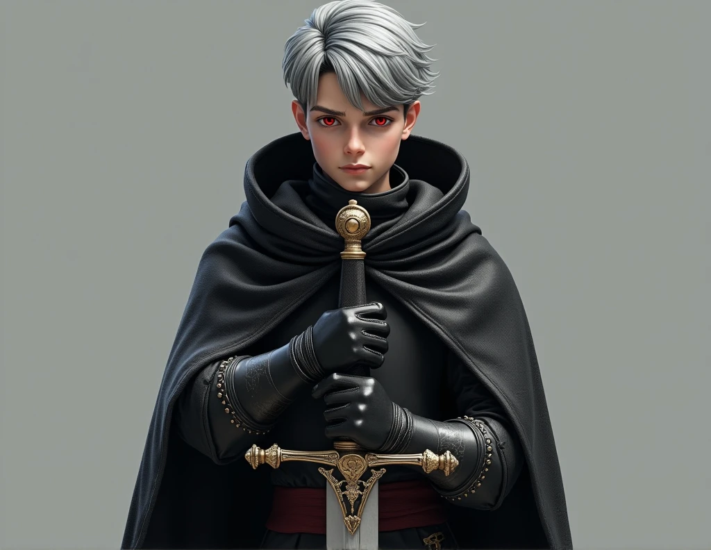 Short grey hair、Red Eyes、A fearless face、Black opaque clothing with leather hood、Wearing gloves、Holding a medieval sword、One caucasican boy Swordsman、12 year、combat style