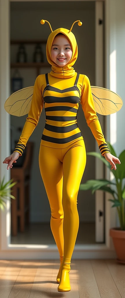 The beautiful Malaysian muslimah adult girl with beautiful cheeks wears yellow Bee lycra turtleneck unitard catsuit covered with black stripes.She has a pair of insect wings.She always wear yellow bee lycra elastane stretchy dancewear square hijab covered with black stripes with antenna.She is buzzing in the house.