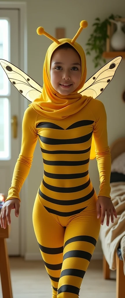 The beautiful Malaysian muslimah adult girl with beautiful cheeks wears yellow Bee lycra turtleneck unitard catsuit covered with black stripes.She has a pair of insect wings.She always wear yellow bee lycra elastane stretchy dancewear square hijab covered with black stripes with antenna.She is buzzing in the house.