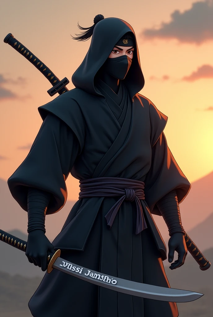 An animated male ninja in full black under the dawn wearing Bhutanese gho carrying a sword with the name MESSI JAMTSHO with white colour on the iron chest 