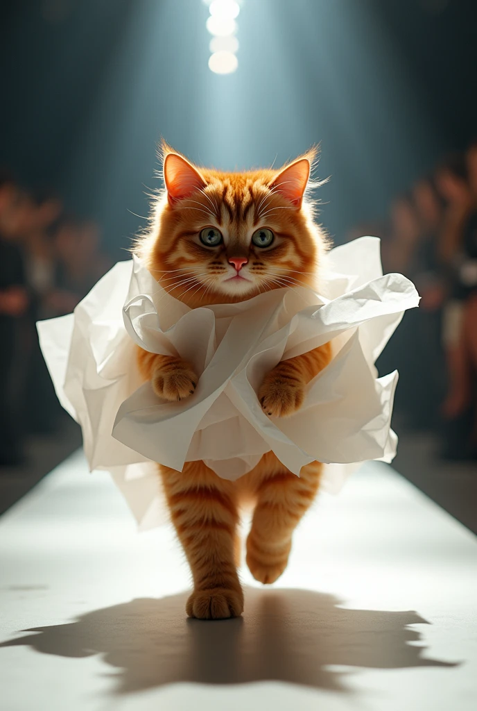 (photorealism:1.2), a cute ginger cat in tissue paper roll walking on the runway